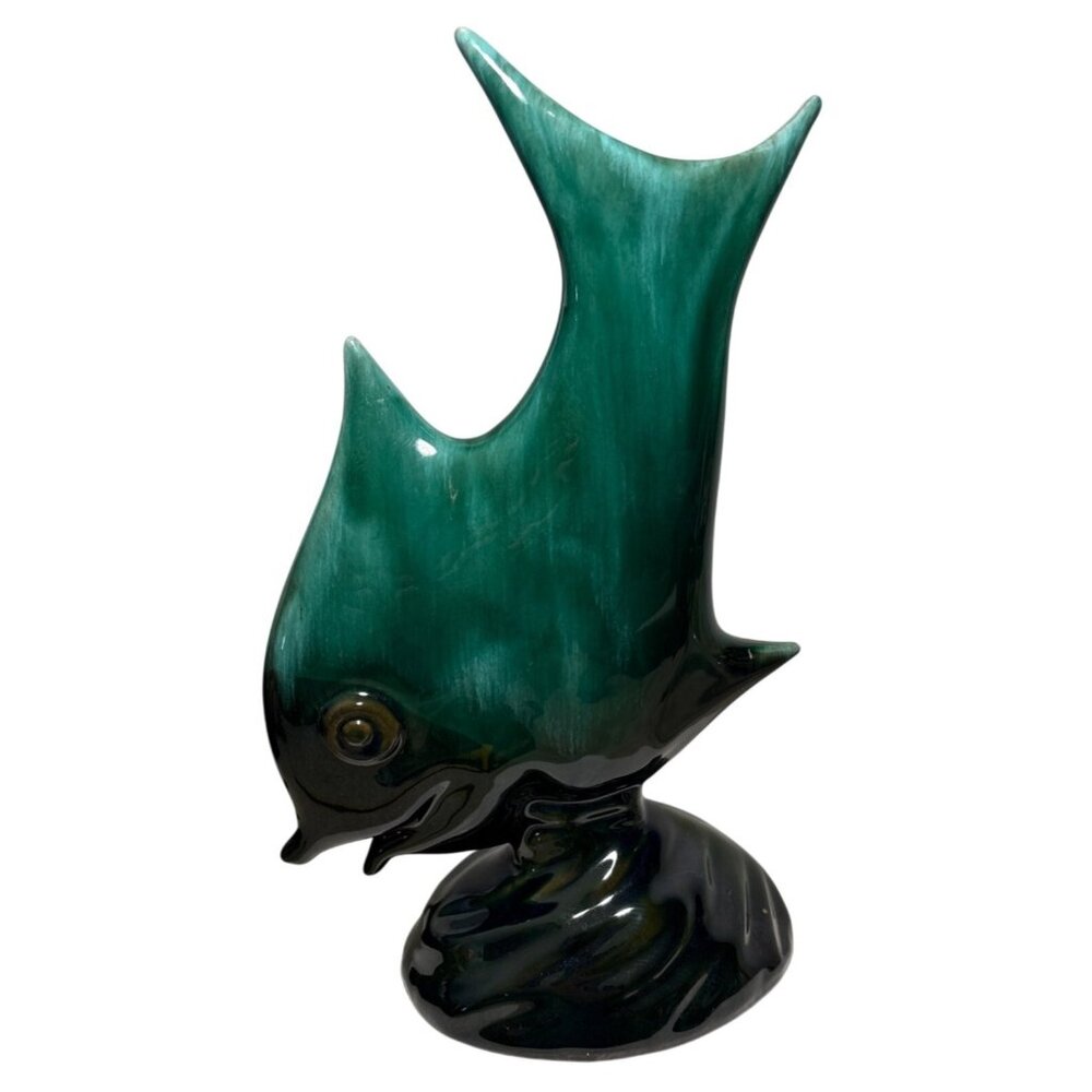 Evangeline Pottery Angel Fish Figure Black Green Drip Glaze 11.75" MCM Beach Hou